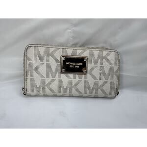 Michael Kors Womens Tan Leather Monogram Card Holder Zip-Around Wallet